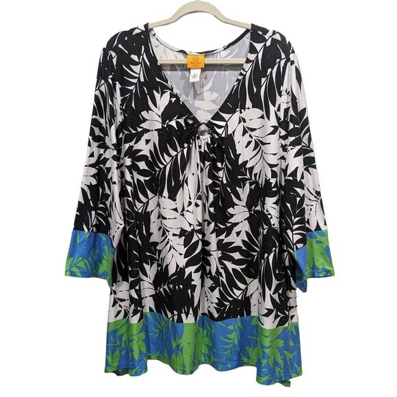 Ruby Rd Black & White Tropical Print Neon Trim 3/4 Sleeve V Neck Tunic Top, 3X - Picture 3 of 11